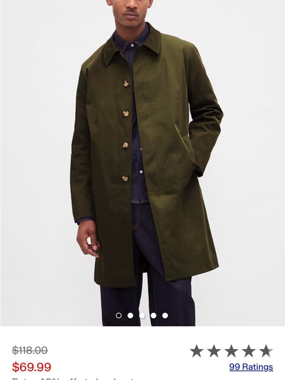 GAP Men's Olive Green Single-Breasted Raincoat